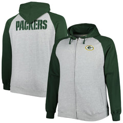 Green Bay Packers Big & Tall Fleece Raglan Full-Zip Hoodie Jacket - Heather Gray for sale