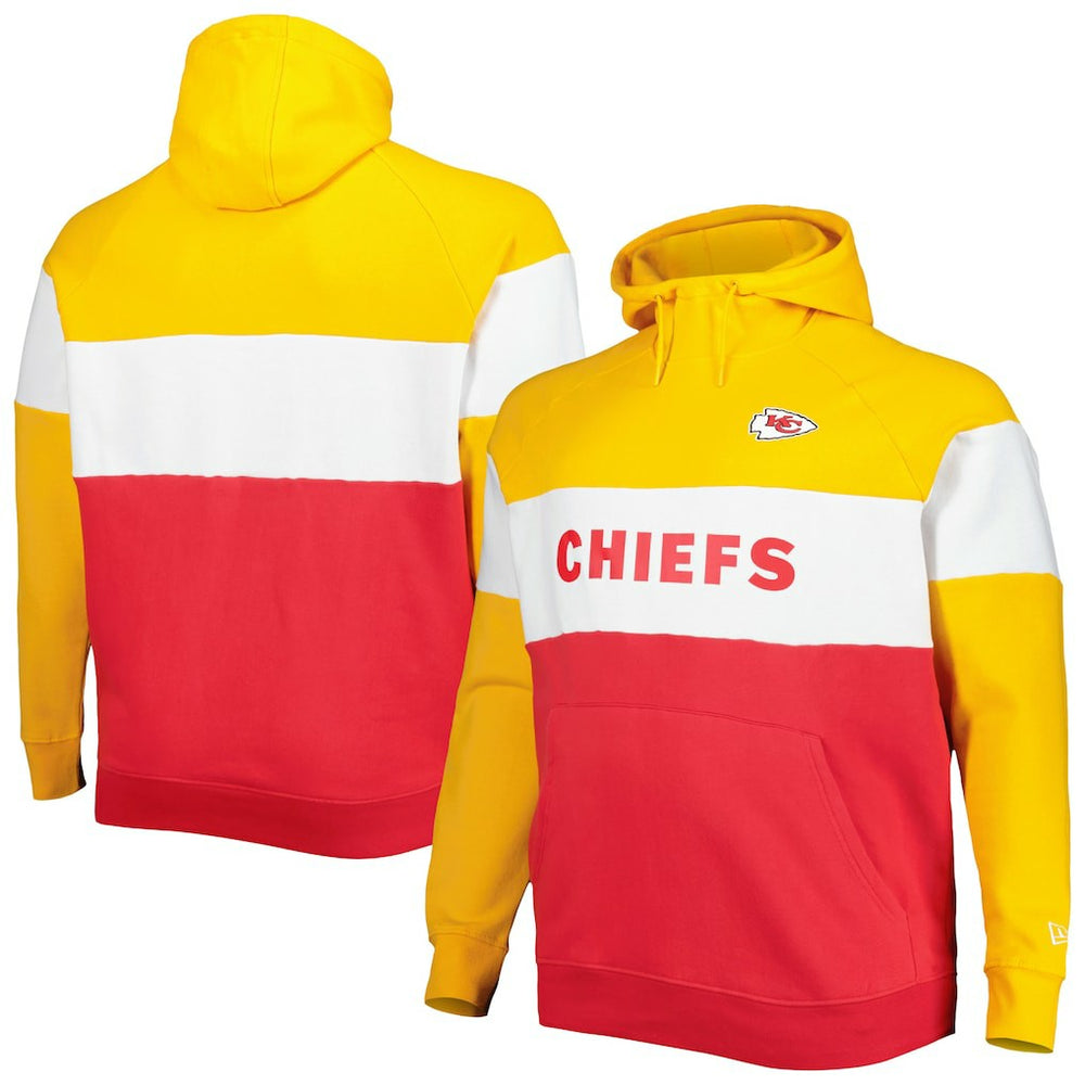 Kansas City Chiefs New Era Big & Tall Current Team Colorblock Fleece Raglan Pullover Hoodie - Gold/Red on sale