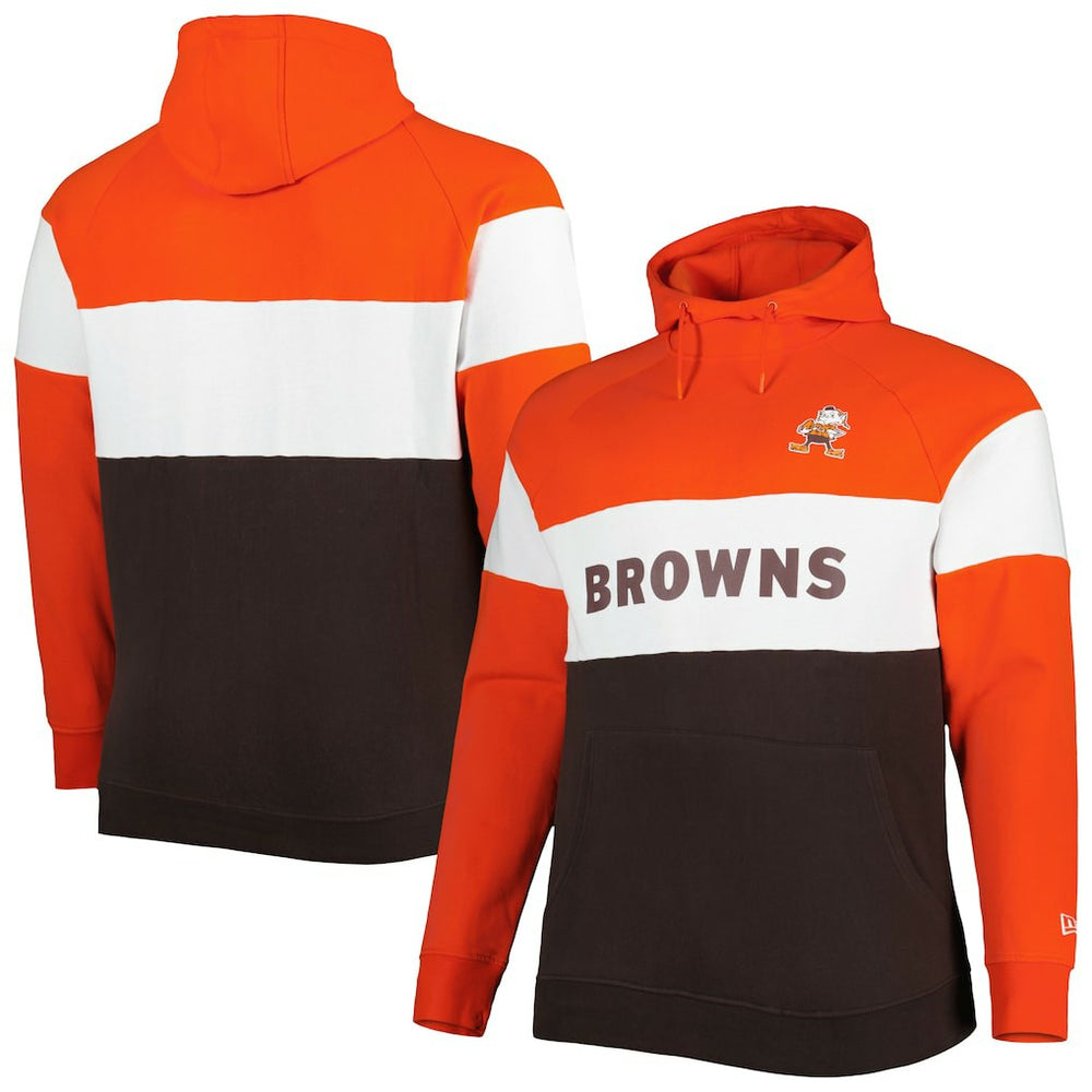 Cleveland Browns New Era Big & Tall Throwback Colorblock Fleece Raglan Pullover Hoodie - Orange/Brown on sale
