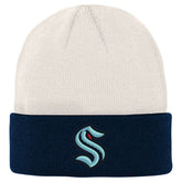 Seattle Kraken Youth Logo Cuffed Knit Hat - Cream/Deep Sea Blue Hats