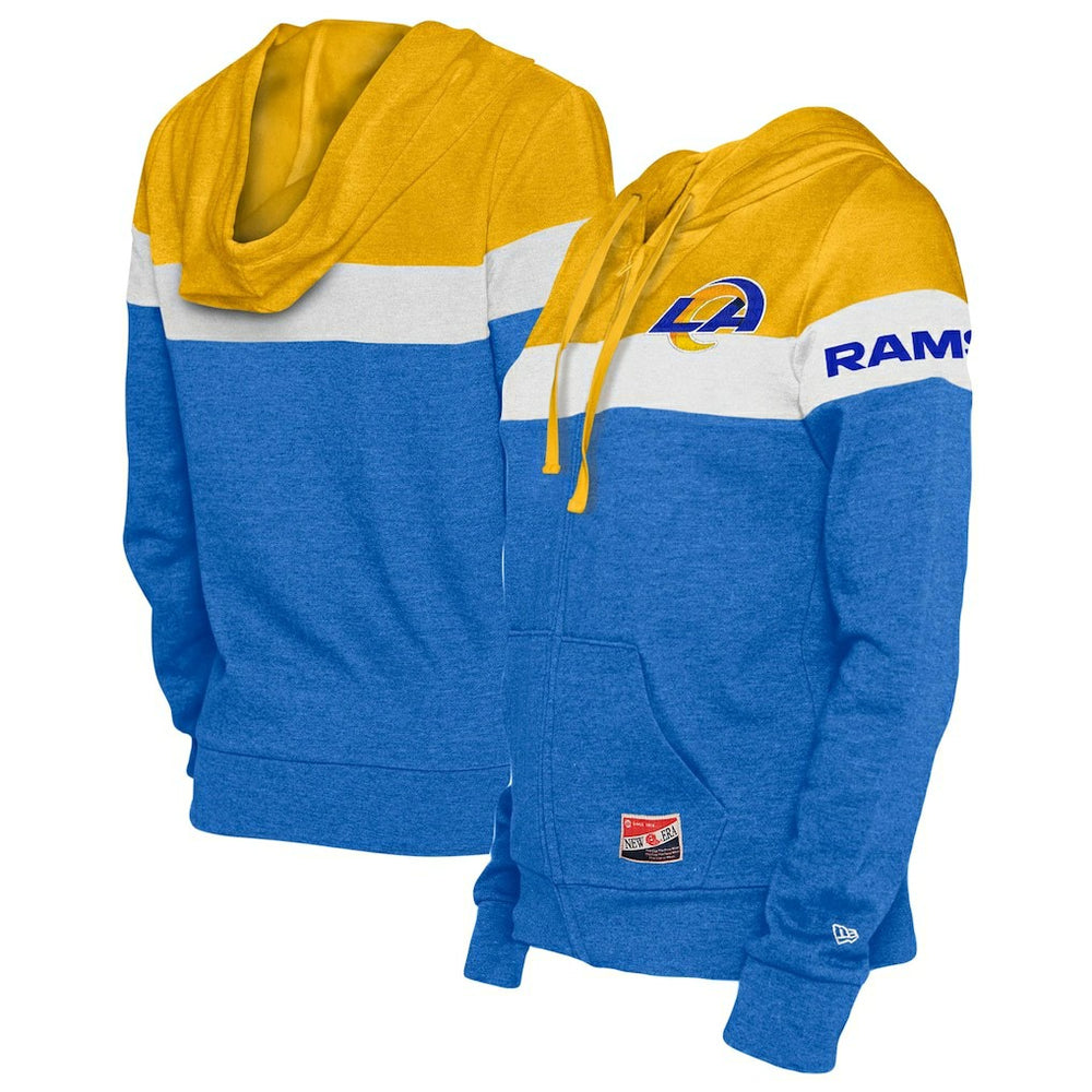 Los Angeles Rams New Era Women's Throwback Colorblock Full-Zip Hoodie - Royal/Gold discount