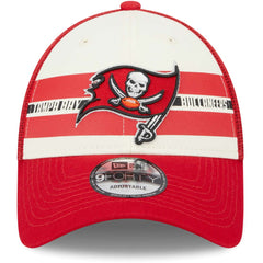 Tampa Bay Buccaneers New Era Team Stripe Trucker 9FORTY Snapback Hat - Cream/Red cheap