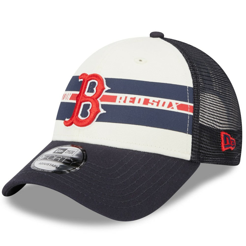 Boston Red Sox Team Stripe Trucker 9FORTY Snapback Hat White/Navy