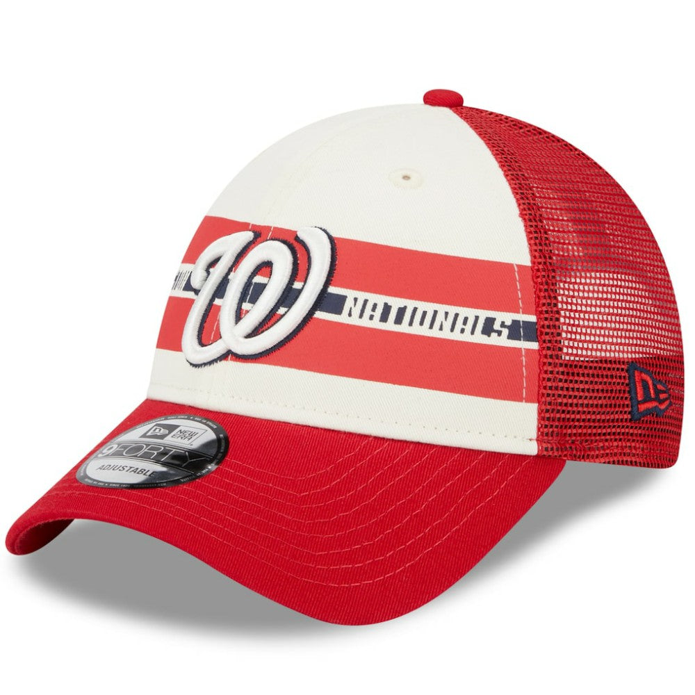 Washington Nationals Team Stripe Trucker 9FORTY Snapback Hat White/Red