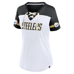 Pittsburgh Steelers Women's Dueling Slant V-Neck Lace-Up T-Shirt - White discount