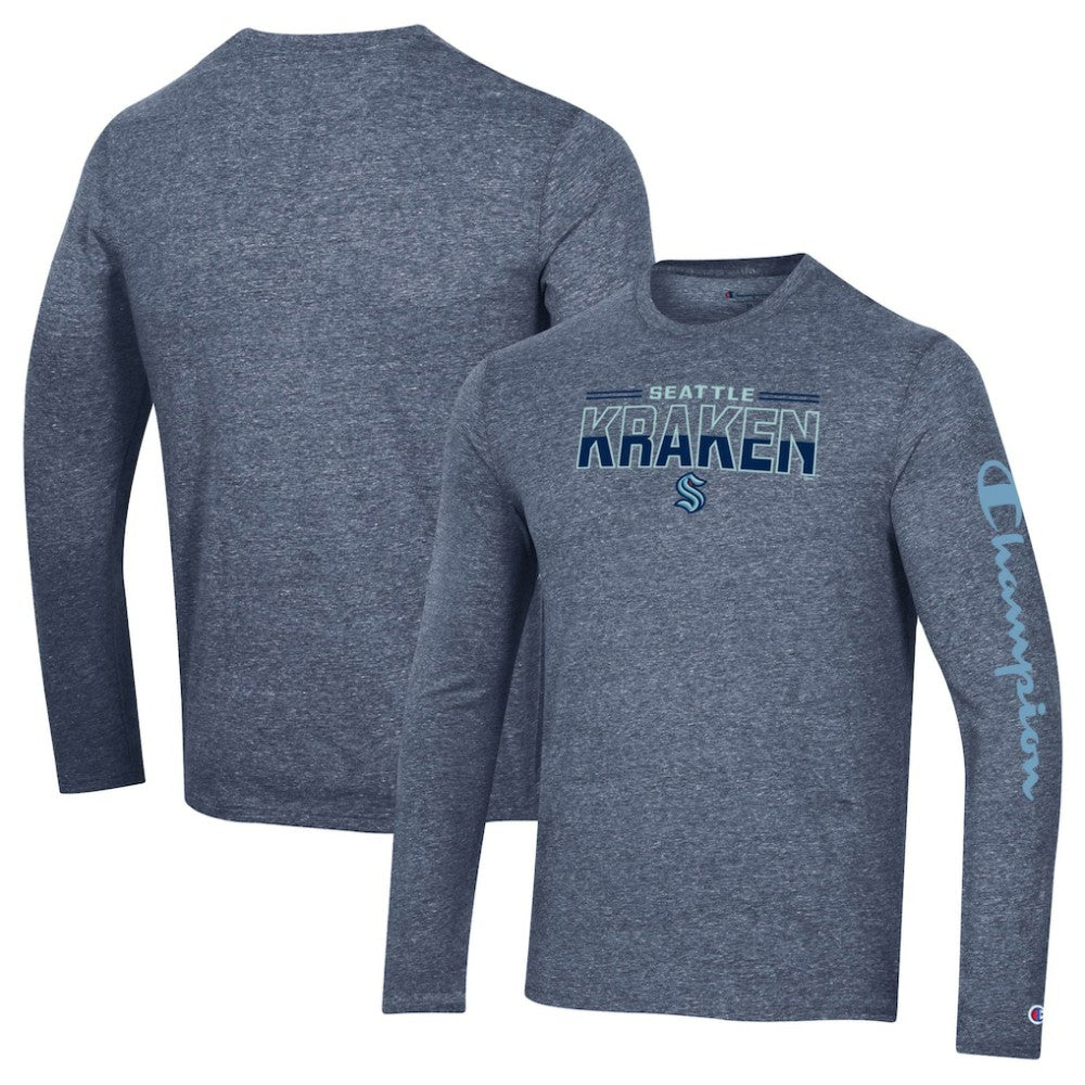 Seattle Kraken Champion Tri-Blend Long Sleeve T-Shirt - Heather Navy T-shirts