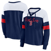 Boston Red Sox Women's Even Match Lace-Up Long Sleeve V-Neck T-Shirt Navy/White