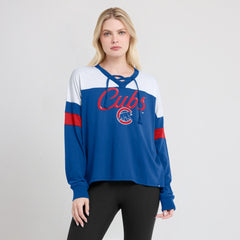 Chicago Cubs Women's Even Match Lace-Up Long Sleeve V-Neck T-Shirt Royal/White