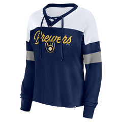 Milwaukee Brewers Women's Even Match Lace-Up Long Sleeve V-Neck T-Shirt Navy/White
