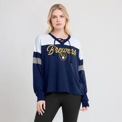 Milwaukee Brewers Women's Even Match Lace-Up Long Sleeve V-Neck T-Shirt Navy/White