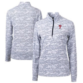 Philadelphia Phillies Cutter & Buck Women's Traverse Camo Print Stretch Quarter-Zip Pullover Top Charcoal