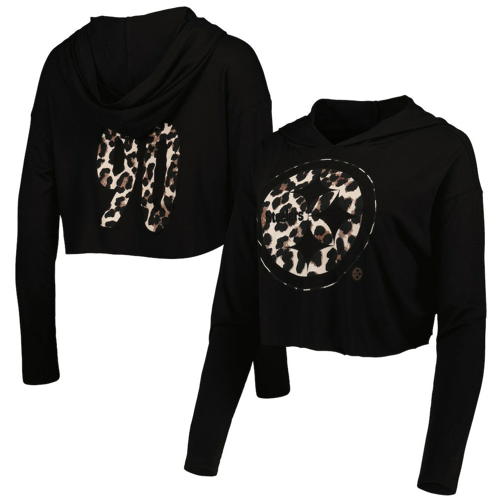 T.J. Watt Pittsburgh Steelers Majestic Threads Women's Leopard Player Name & Number Long Sleeve Cropped Hoodie - Black outlet
