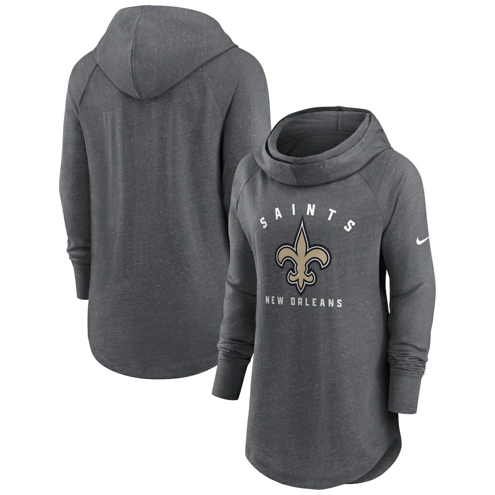 New Orleans Saints Women's Raglan Funnel Neck Pullover Hoodie - Heather Charcoal for sale