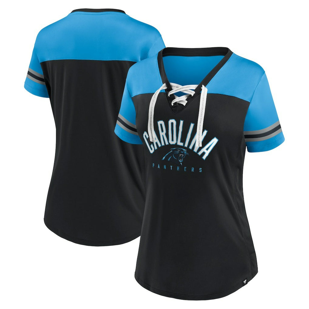 Carolina Panthers Women's Blitz & Glam Lace-Up V-Neck Jersey T-Shirt - Black/Blue cheap