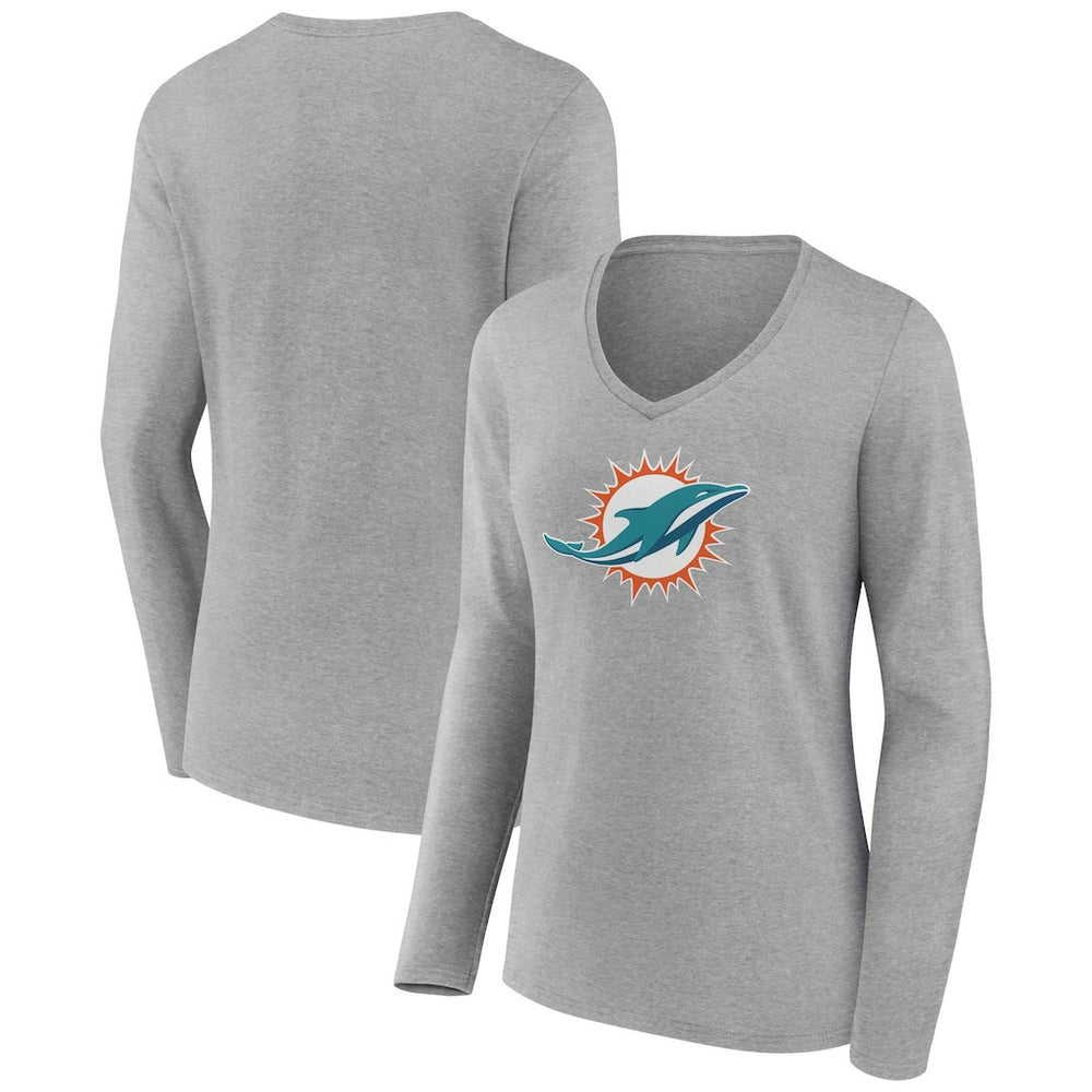 Miami Dolphins Women's Primary Team Logo Long Sleeve V-Neck T-Shirt - Heather Gray for sale