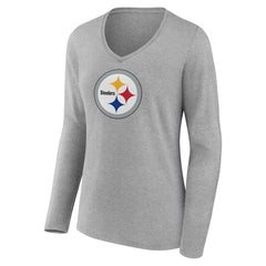 Pittsburgh Steelers Women's Primary Team Logo Long Sleeve V-Neck T-Shirt - Heather Gray discount