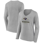 Baltimore Ravens Women's Logo Team Lockup Long Sleeve V-Neck T-Shirt - Heather Gray on sale