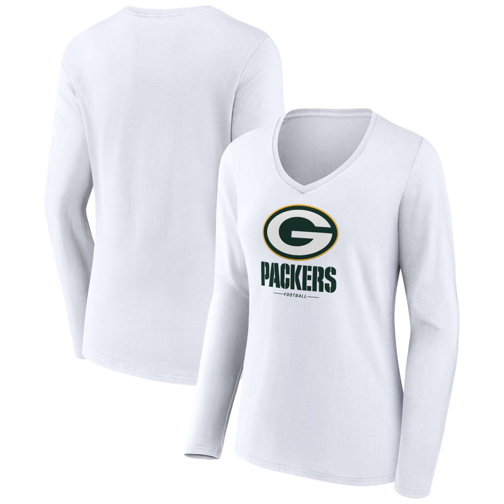 Green Bay Packers Women's Logo Team Lockup Long Sleeve V-Neck T-Shirt - White on sale