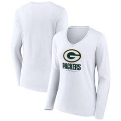 Green Bay Packers Women's Logo Team Lockup Long Sleeve V-Neck T-Shirt - White on sale