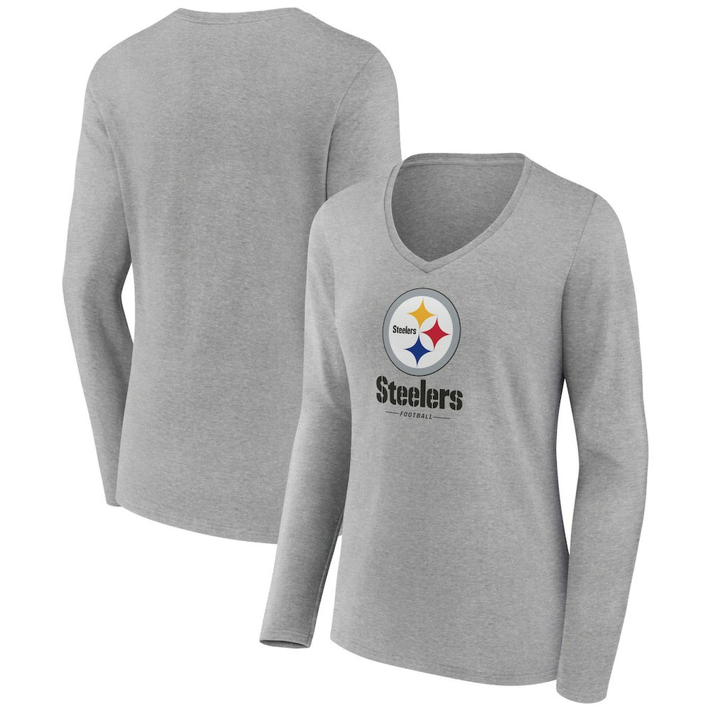 Pittsburgh Steelers Women's Logo Team Lockup Long Sleeve V-Neck T-Shirt - Heather Gray online