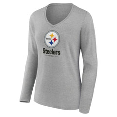 Pittsburgh Steelers Women's Logo Team Lockup Long Sleeve V-Neck T-Shirt - Heather Gray online
