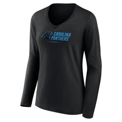 Carolina Panthers Women's Logo Team Lockup Long Sleeve V-Neck T-Shirt - Black for sale