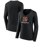 Cincinnati Bengals Women's Logo Team Lockup Long Sleeve V-Neck T-Shirt - Black outlet
