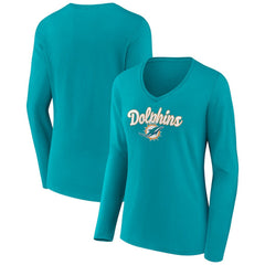 Miami Dolphins Women's Freehand Team Long Sleeve V-Neck T-Shirt - Aqua cheap
