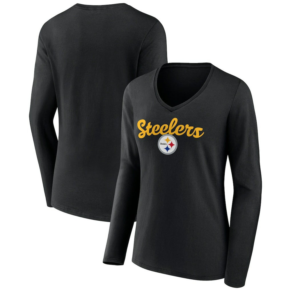 Pittsburgh Steelers Women's Freehand Team Long Sleeve V-Neck T-Shirt - Black for sale