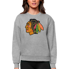 Chicago Blackhawks Antigua Women's Team Logo Victory Crewneck Pullover Sweatshirt - Heather Gray Sweatshirts