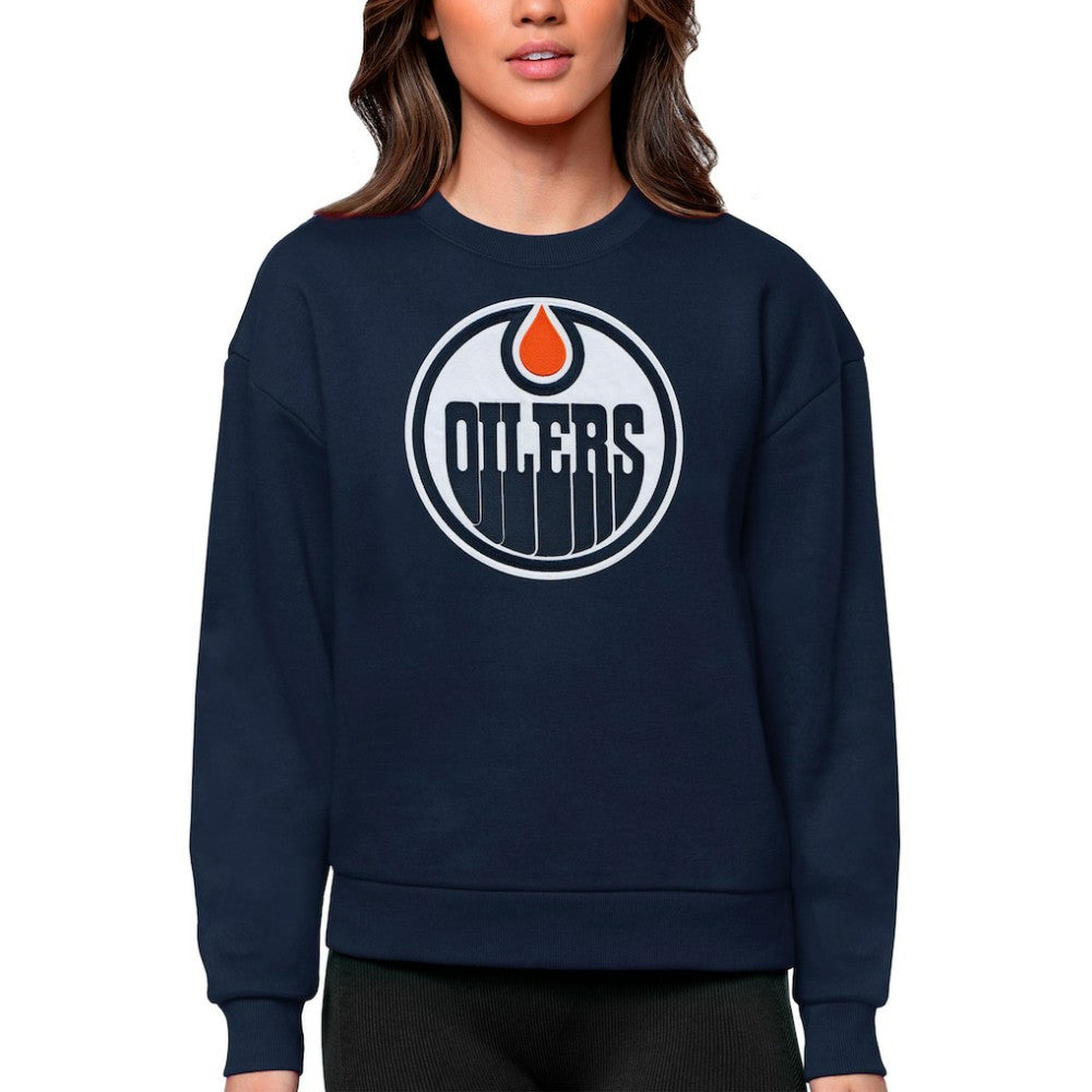 Edmonton Oilers Antigua Women's Team Logo Victory Crewneck Pullover Sweatshirt - Navy Sweatshirts