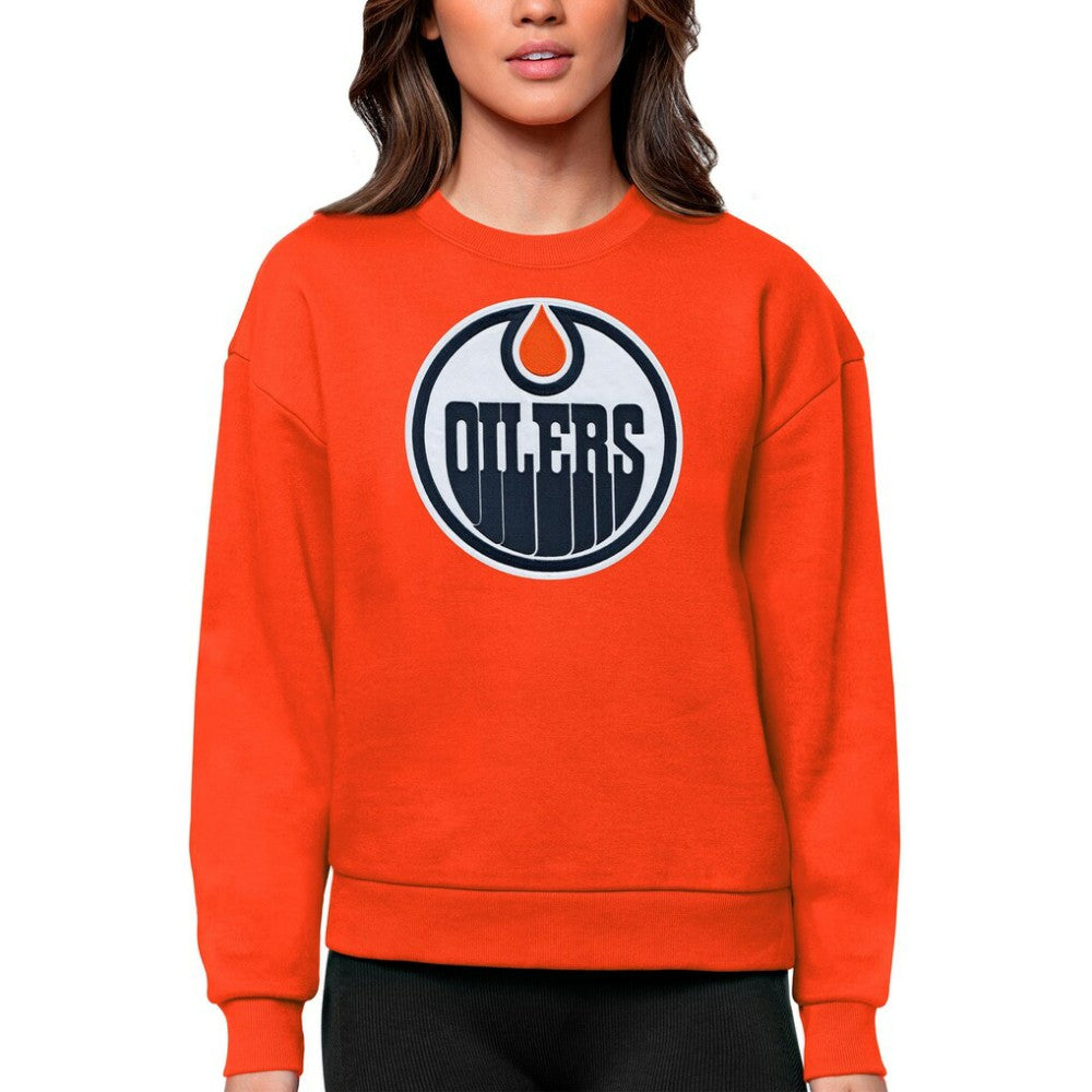 Edmonton Oilers Antigua Women's Team Logo Victory Crewneck Pullover Sweatshirt - Orange Sweatshirts