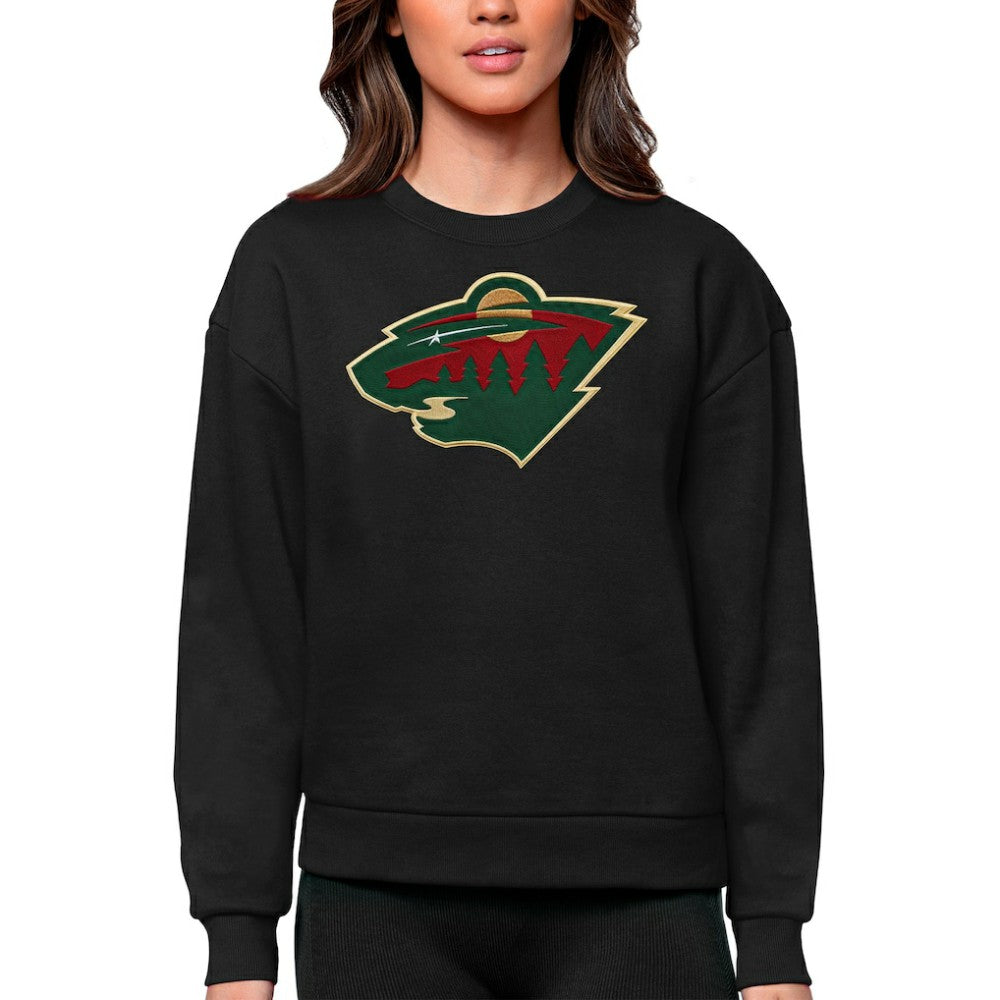 Minnesota Wild Antigua Women's Team Logo Victory Crewneck Pullover Sweatshirt - Black Sweatshirts