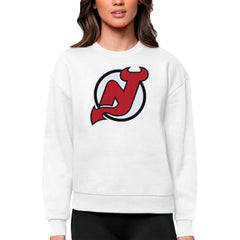 New Jersey Devils Antigua Women's Team Logo Victory Crewneck Pullover Sweatshirt - White Sweatshirts