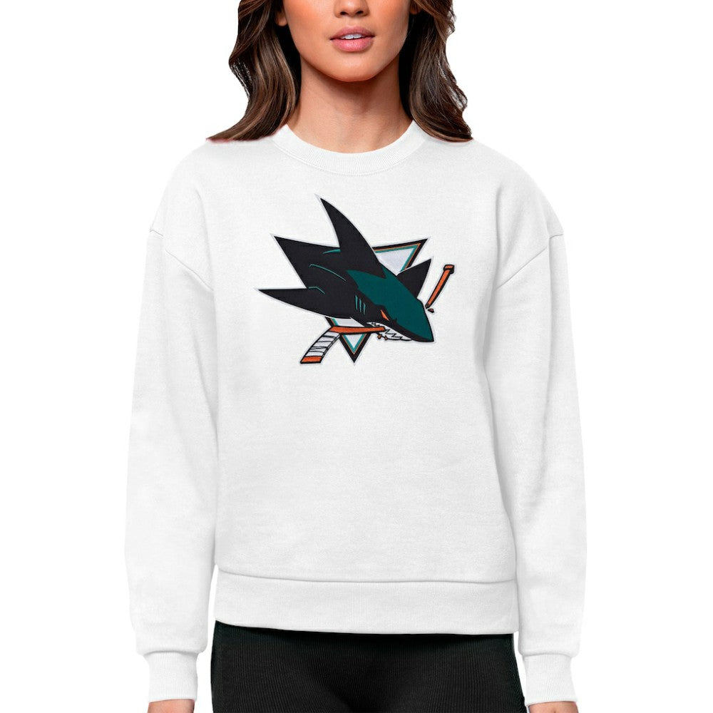 San Jose Sharks Antigua Women's Team Logo Victory Crewneck Pullover Sweatshirt - White Sweatshirts
