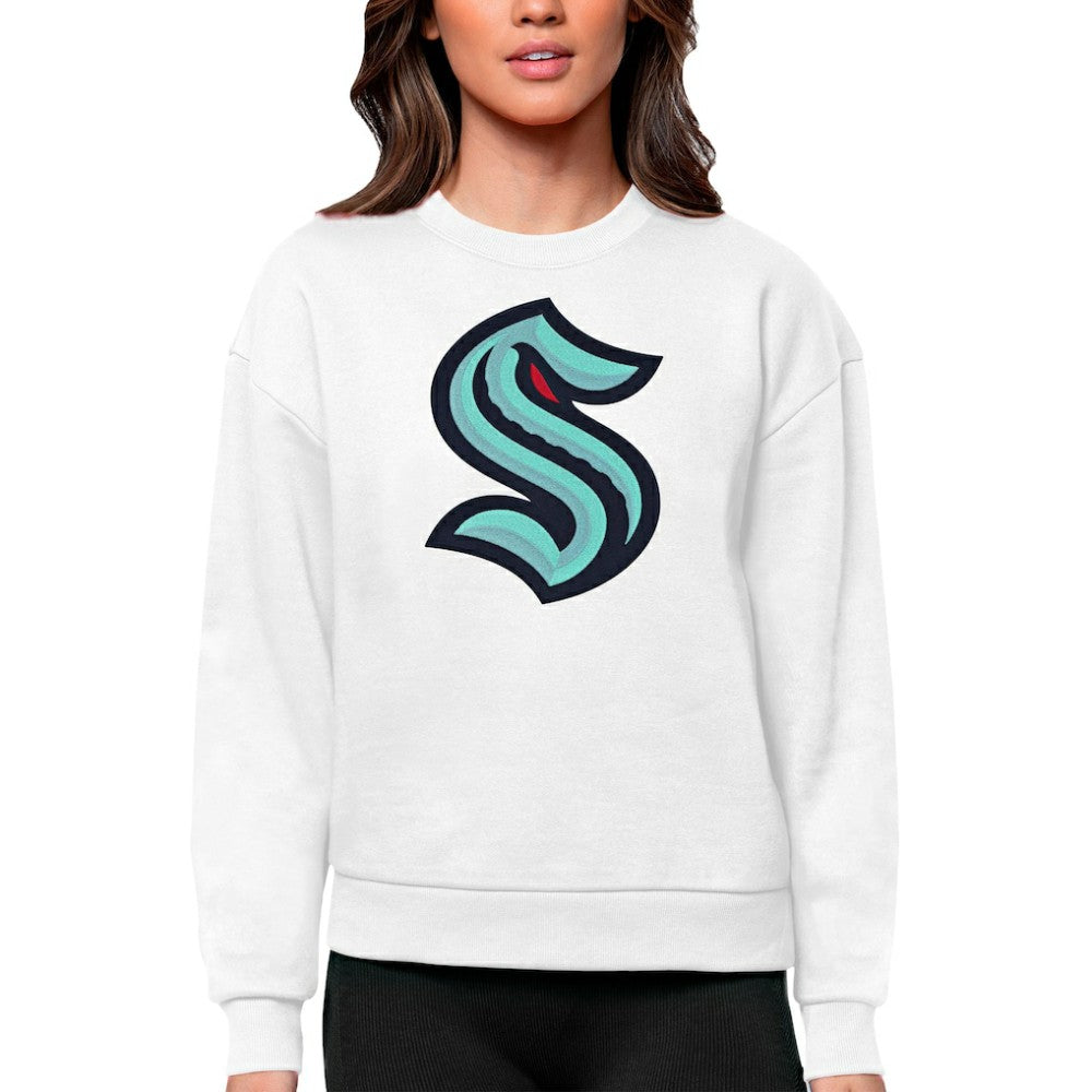Seattle Kraken Antigua Women's Team Logo Victory Crewneck Pullover Sweatshirt - White Sweatshirts