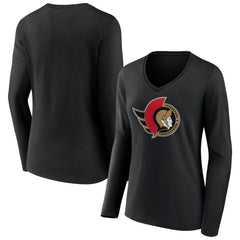 Ottawa Senators Women's Team Logo Long Sleeve V-Neck T-Shirt - Black T-shirts
