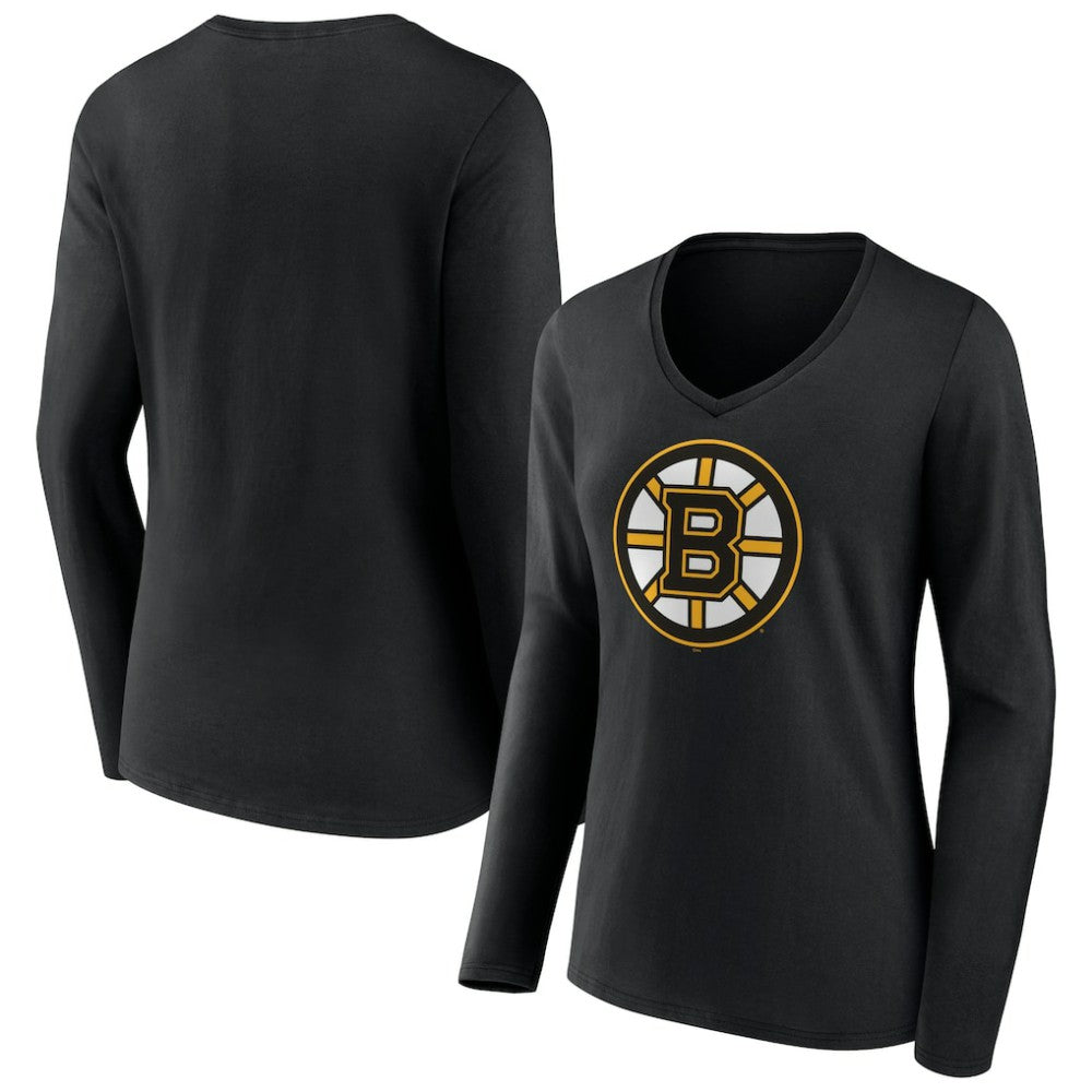 Boston Bruins Women's Team Logo Long Sleeve V-Neck T-Shirt - Black T-shirts