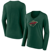 Minnesota Wild Women's Team Logo Long Sleeve V-Neck T-Shirt - Green T-shirts