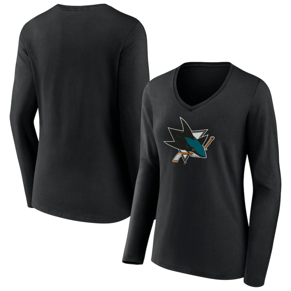 San Jose Sharks Women's Team Logo Long Sleeve V-Neck T-Shirt - Black T-shirts