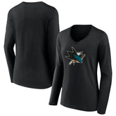 San Jose Sharks Women's Team Logo Long Sleeve V-Neck T-Shirt - Black T-shirts