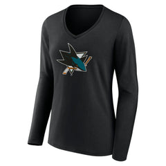 San Jose Sharks Women's Team Logo Long Sleeve V-Neck T-Shirt - Black T-shirts