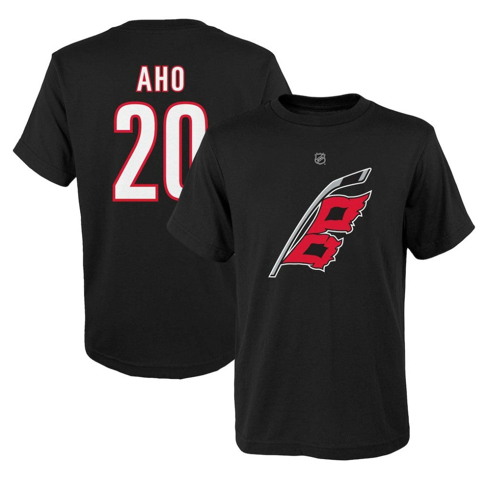Sebastian Aho Carolina Hurricanes Youth Player Name & Number T-Shirt - Black T-shirts