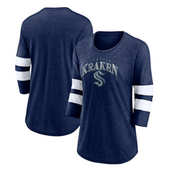 Seattle Kraken Fanatics Women's Special Edition 2.0 Barn Burner 3/4 Sleeve T-Shirt - Heather Deep Sea Blue T-shirts
