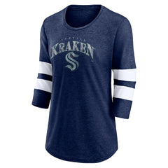 Seattle Kraken Fanatics Women's Special Edition 2.0 Barn Burner 3/4 Sleeve T-Shirt - Heather Deep Sea Blue T-shirts