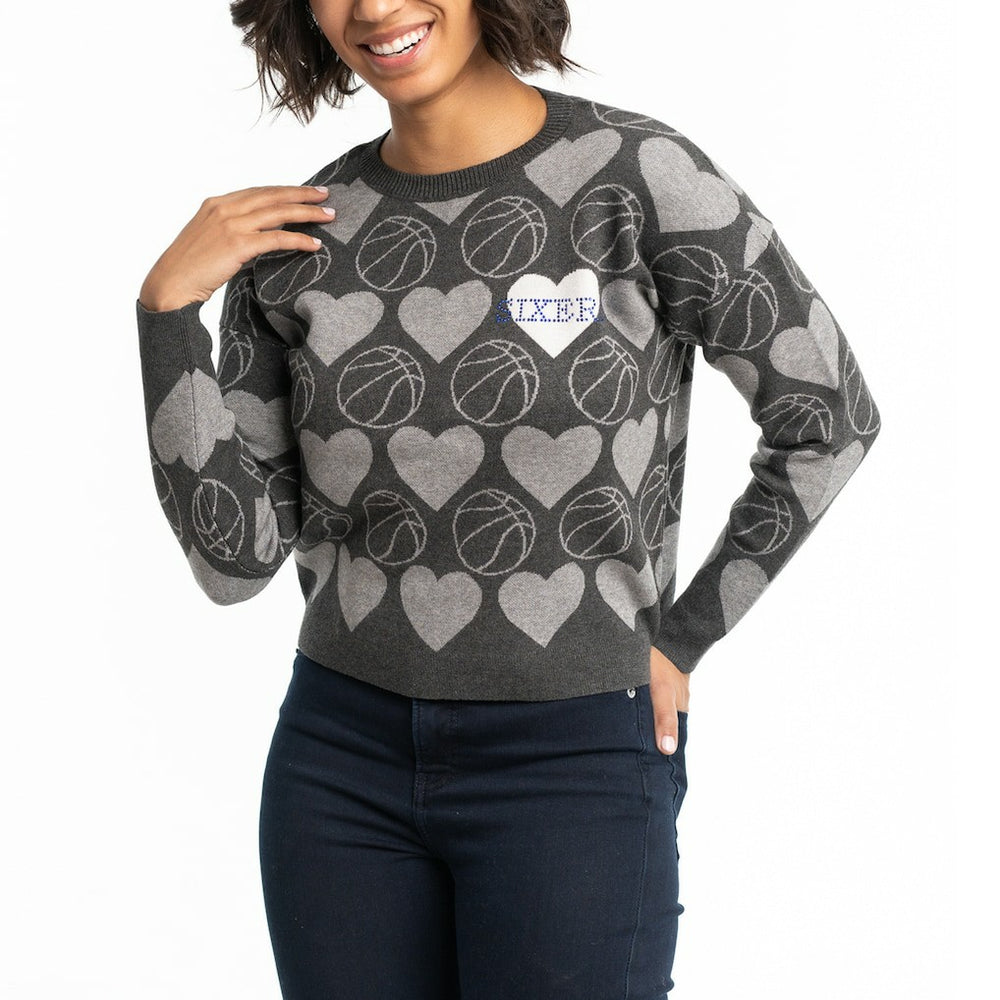 Philadelphia 76ers Lusso Women's Basketball Love Swarovski Crystal Intarsia Pullover Sweater - Charcoal for sale