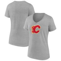 Calgary Flames Women's Primary Logo Team V-Neck T-Shirt - Heather Gray T-shirts