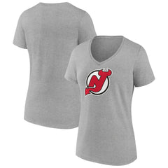 New Jersey Devils Women's Primary Logo Team V-Neck T-Shirt - Heather Gray T-shirts