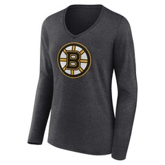 Boston Bruins Women's Primary Team Logo Long Sleeve V-Neck T-Shirt - Heather Charcoal T-shirts