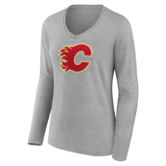 Calgary Flames Women's Primary Logo Team Long Sleeve V-Neck T-Shirt - Heather Gray T-shirts